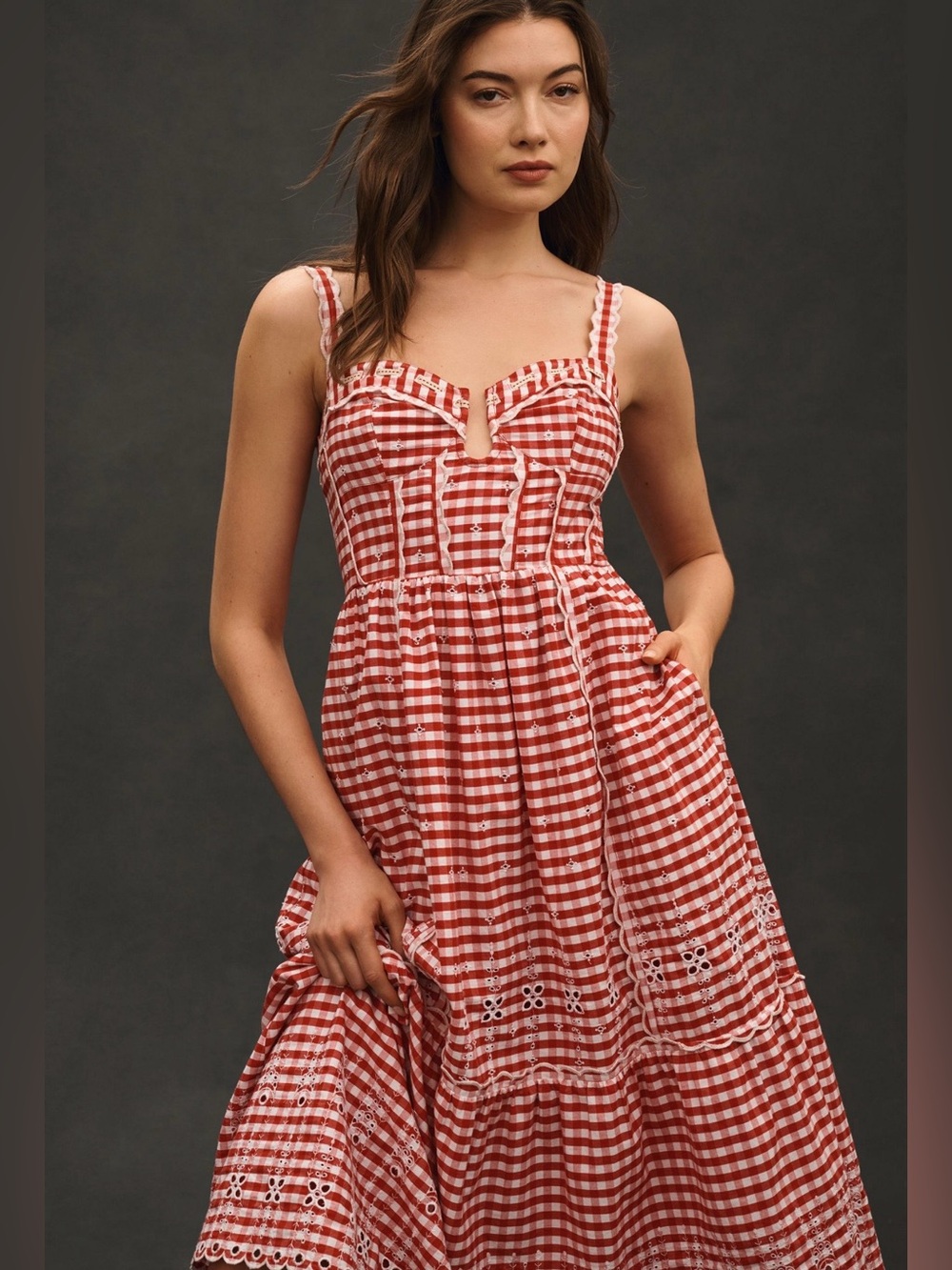 Red Gingham Maxi Dress with Button Front